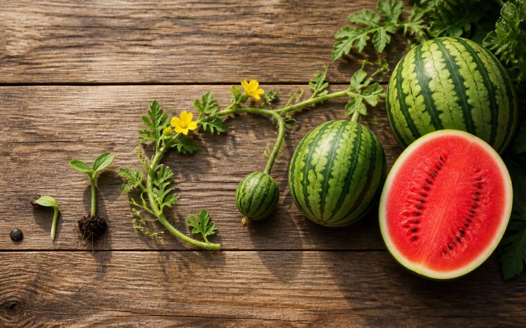 Watermelon growing stages, from seed to harvest.